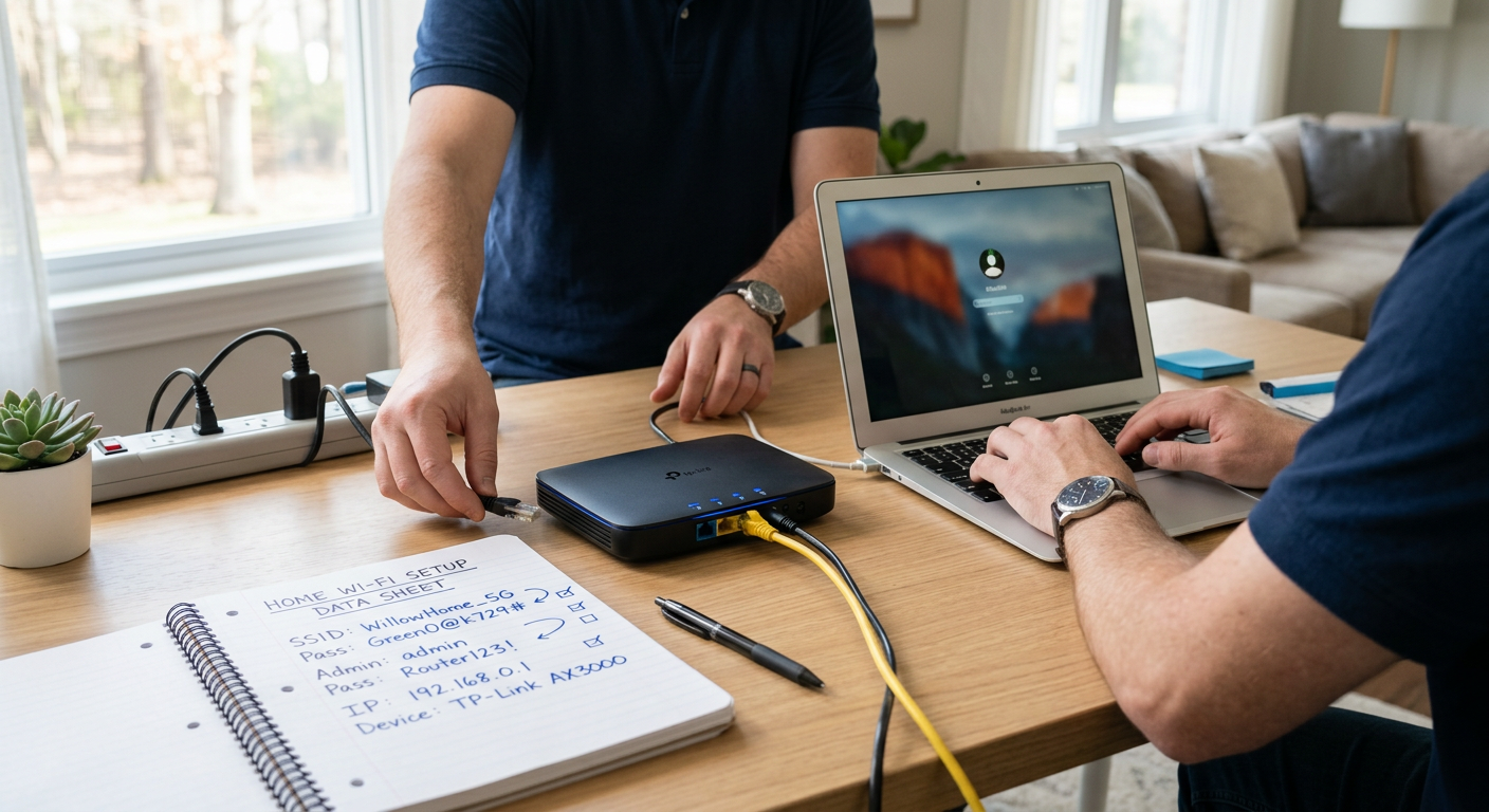 Einrichtung eines WLAN-Routers mit übersichtlichem Datenblatt für die Zugangsdaten