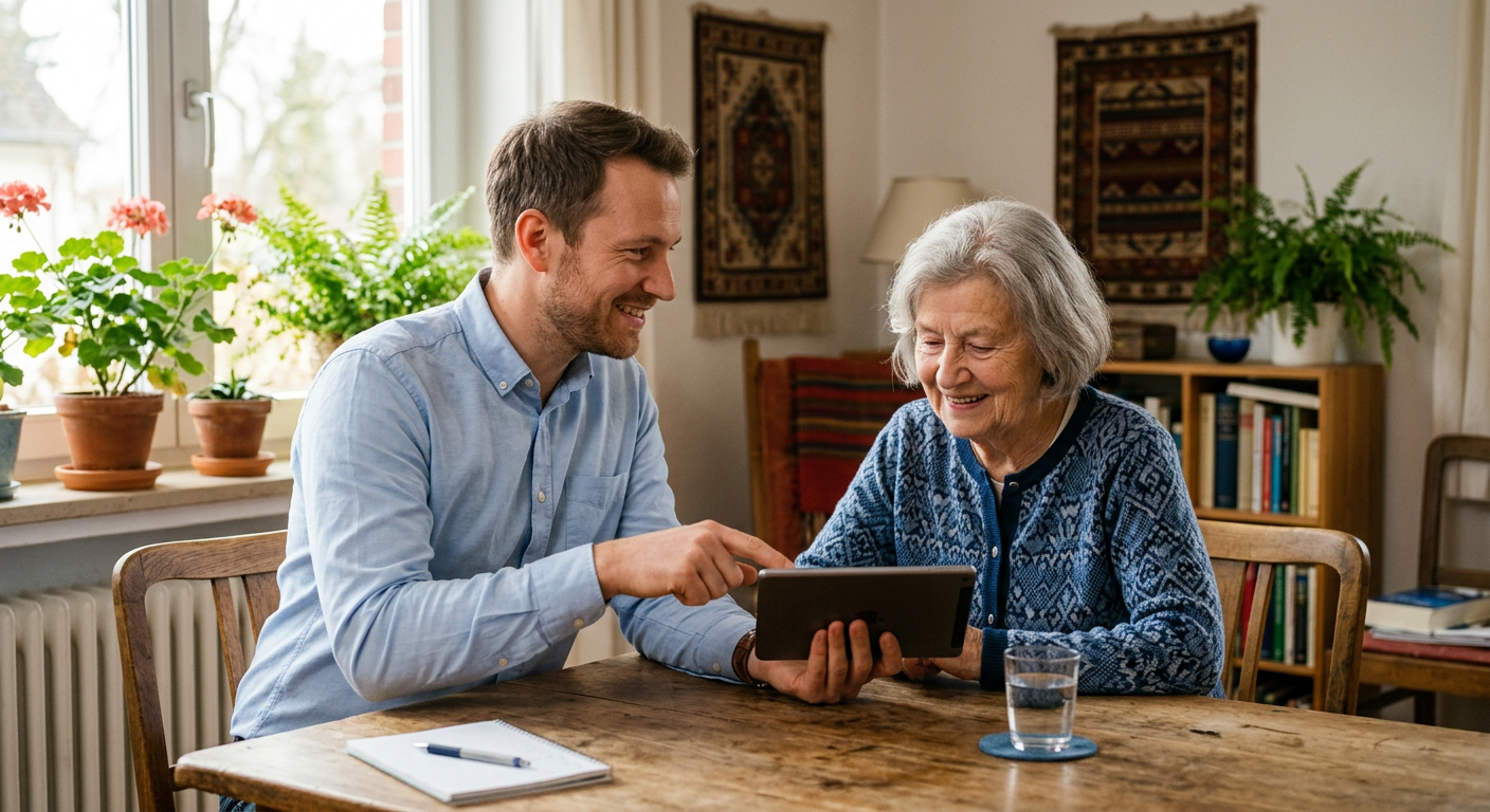 Ein IT-Helfer erklärt einer älteren Dame geduldig die Bedienung ihres Tablets